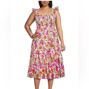 Lands End NWOT White Floral Cotton Smocked Tiered Dress Sz XL